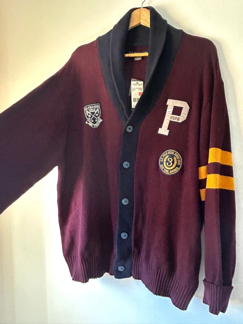 Polo Classic Vintage Knit Cardigan, USPA Official Patch & Gold Accents